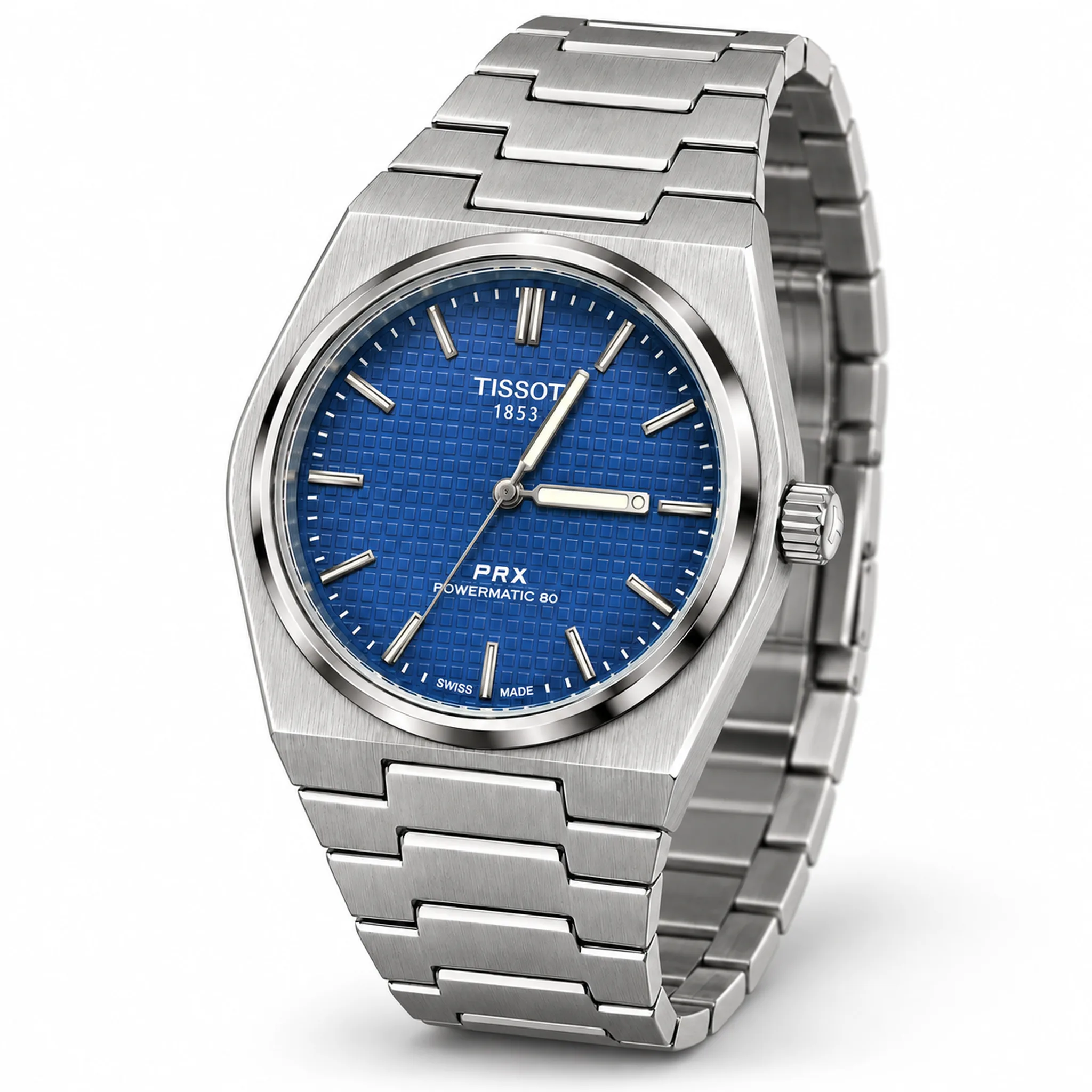 Tissot Inspired Men's Watch with Textured Blue Dial & Integrated Bracelet – Silver
