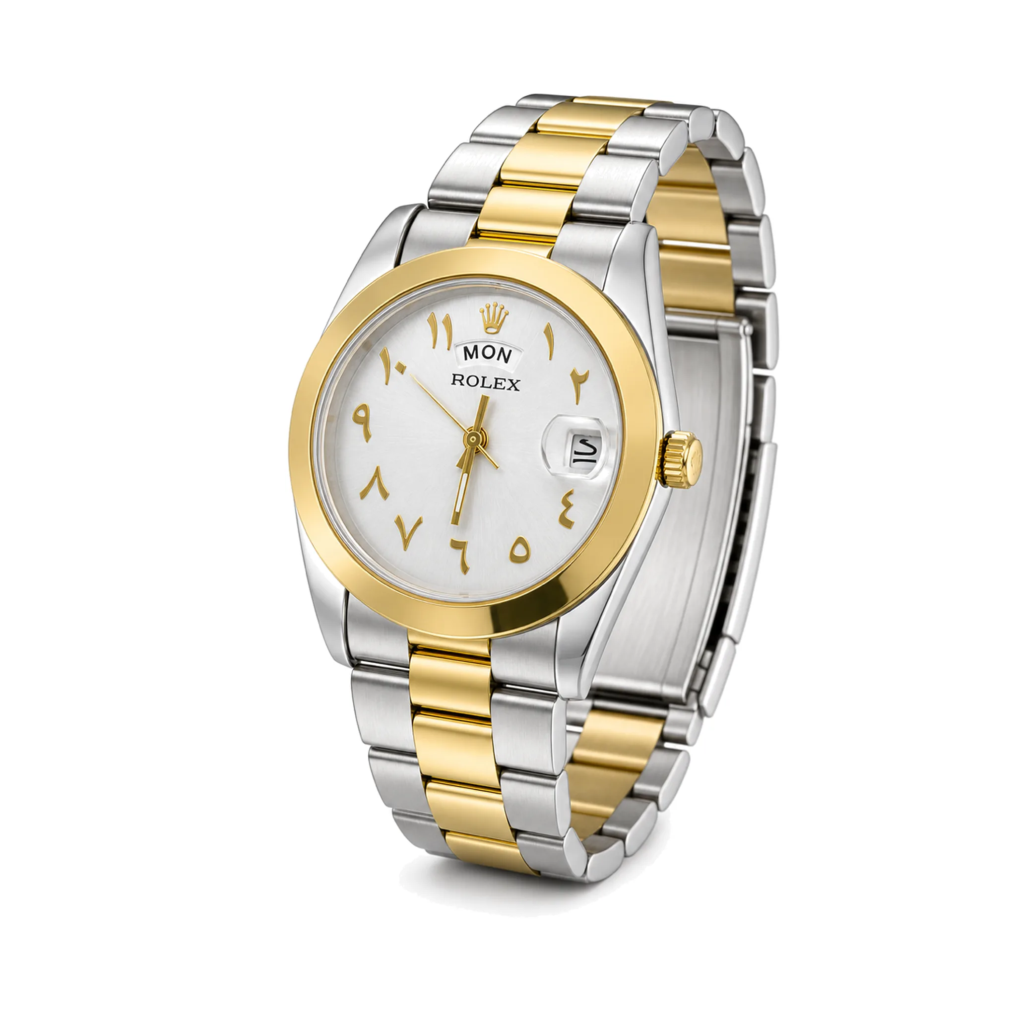 Rolex Inspired Women's Two-Tone Watch with Arabic Numerals & Day Date – Silver and Gold