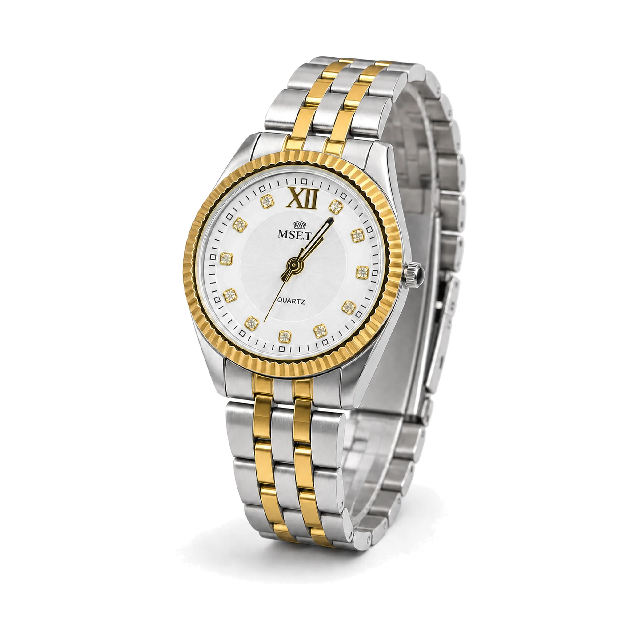 MSET Women's Quartz Watch with Fluted Bezel & Crystal Markers – Silver and Gold