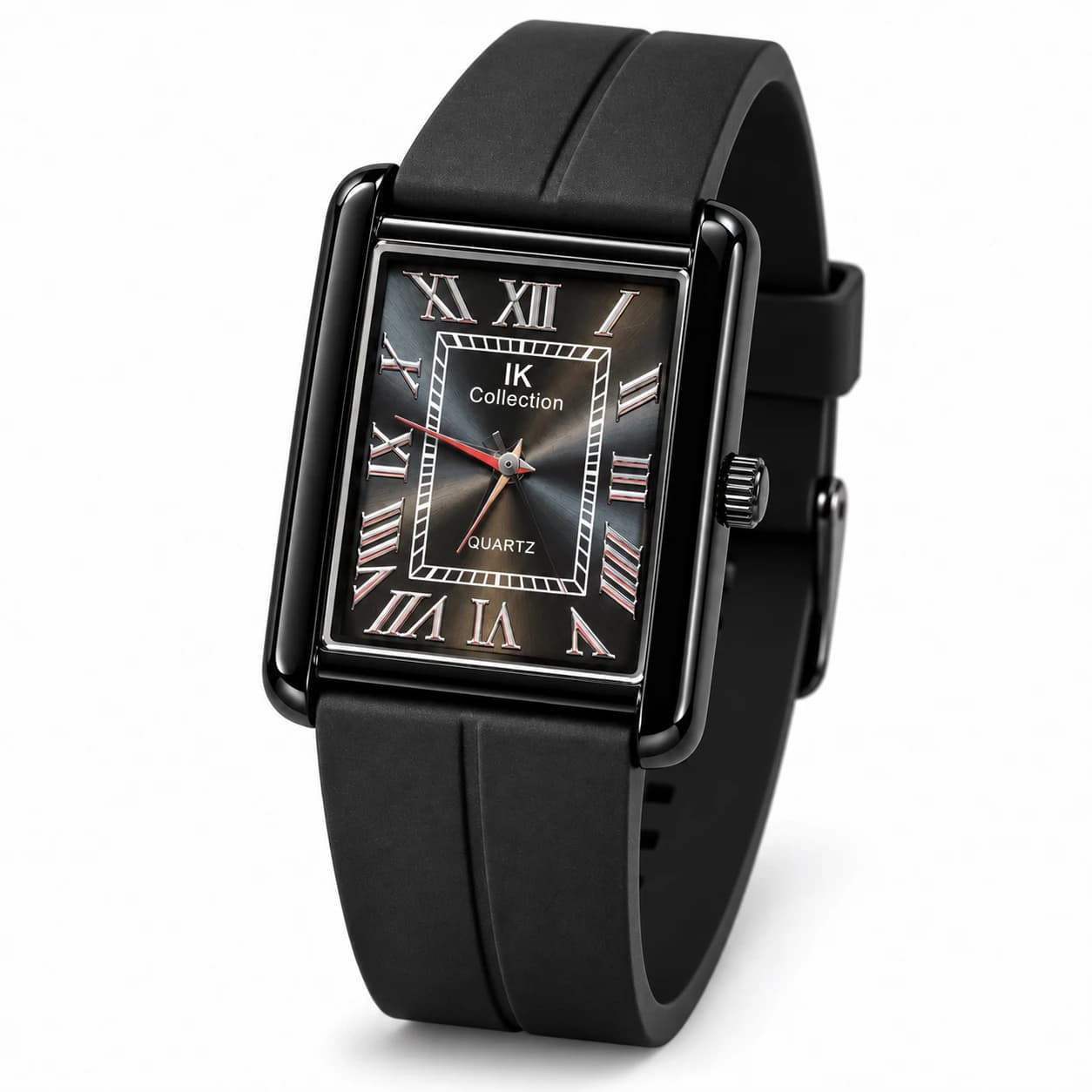 IK Collection Men's Quartz Tank Watch with Roman Numerals & Silicone Strap – Matte Black