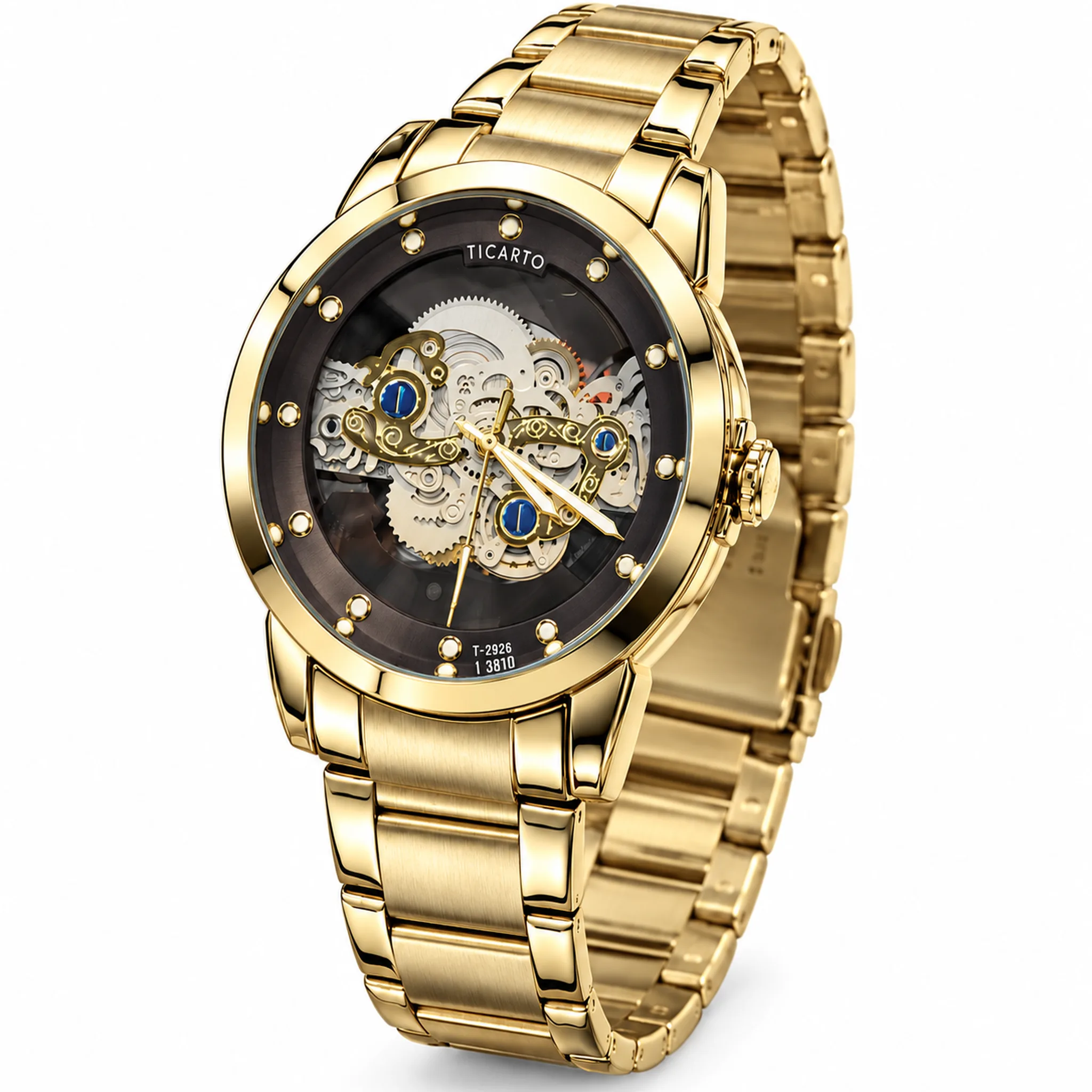 Ticarto T-2926 Men's Automatic Skeleton Watch with Exposed Gears & Blue Jewels – Gold