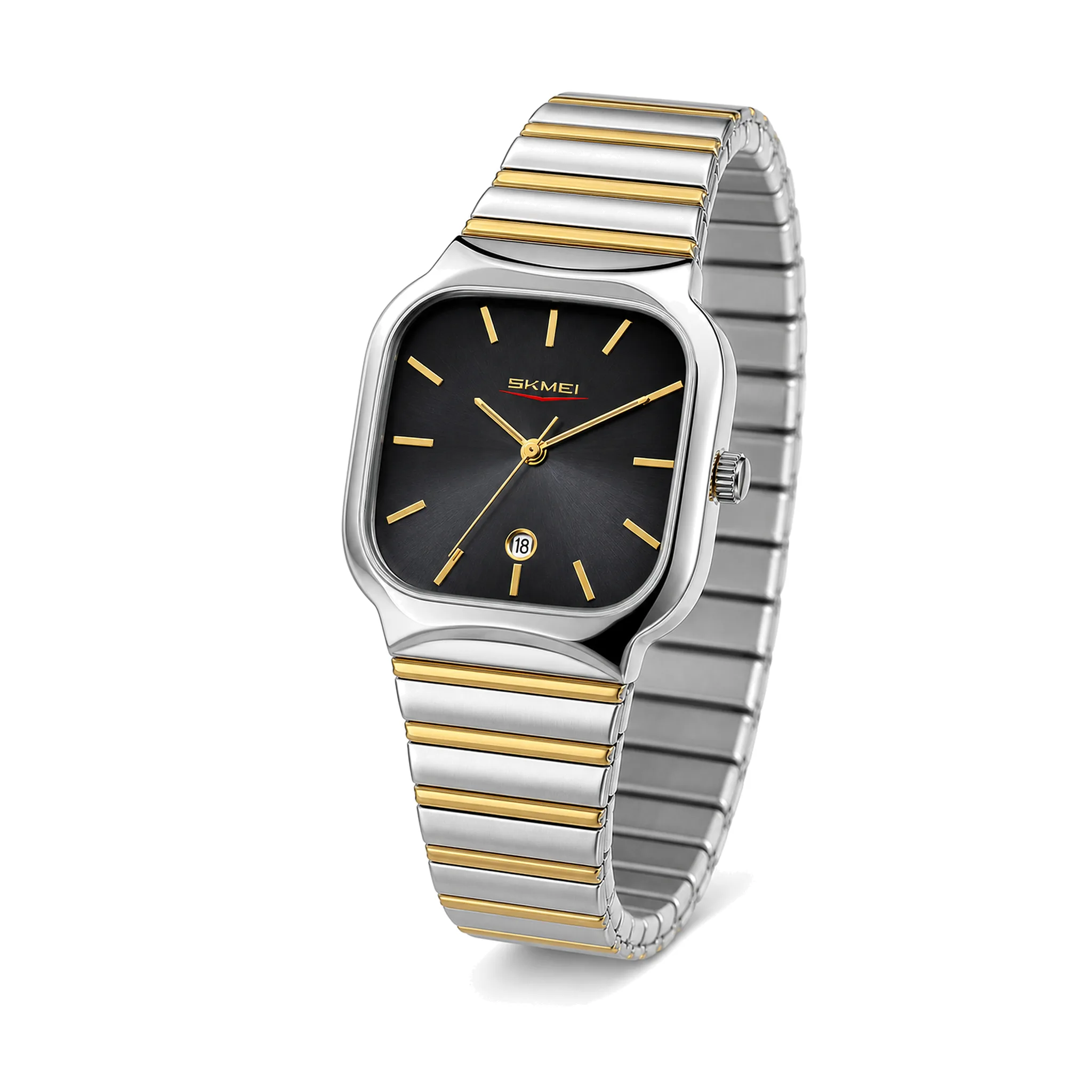 SKMEI Men's Square Watch with Black Dial & Date – Silver and Gold