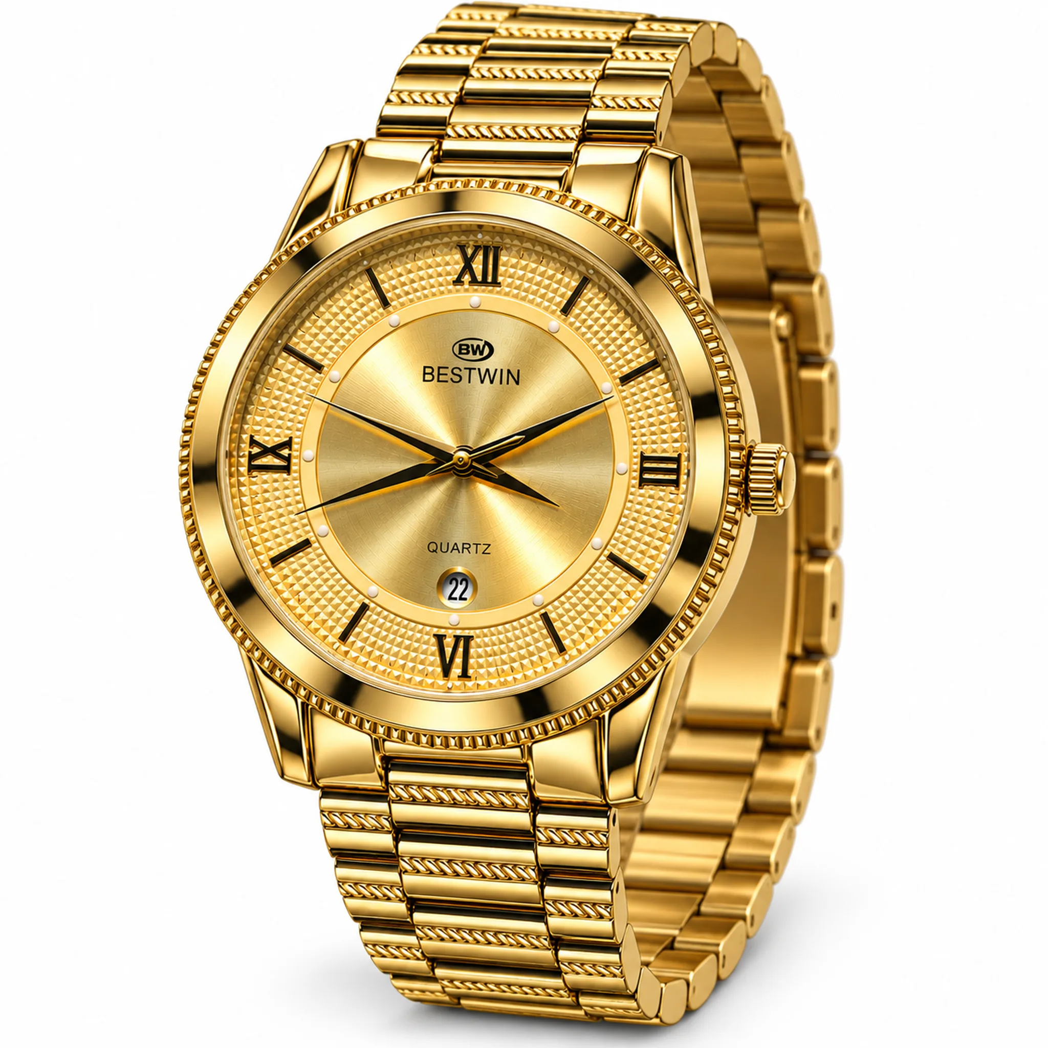 Bestwin Men's Quartz Watch with Textured Champagne Dial & Date – Gold