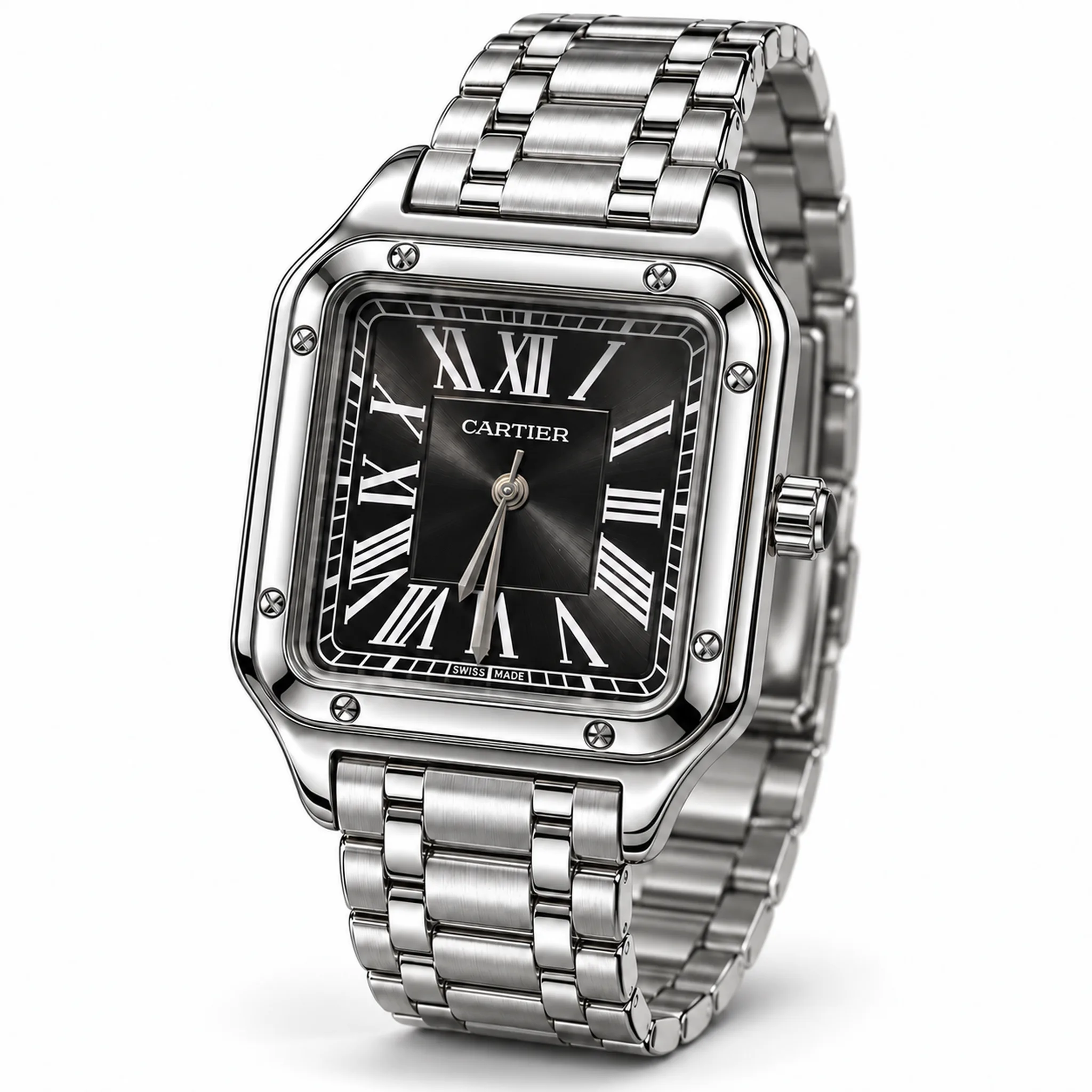 Cartier Inspired Men's Square Watch with Roman Numerals & Butterfly Clasp – Silver