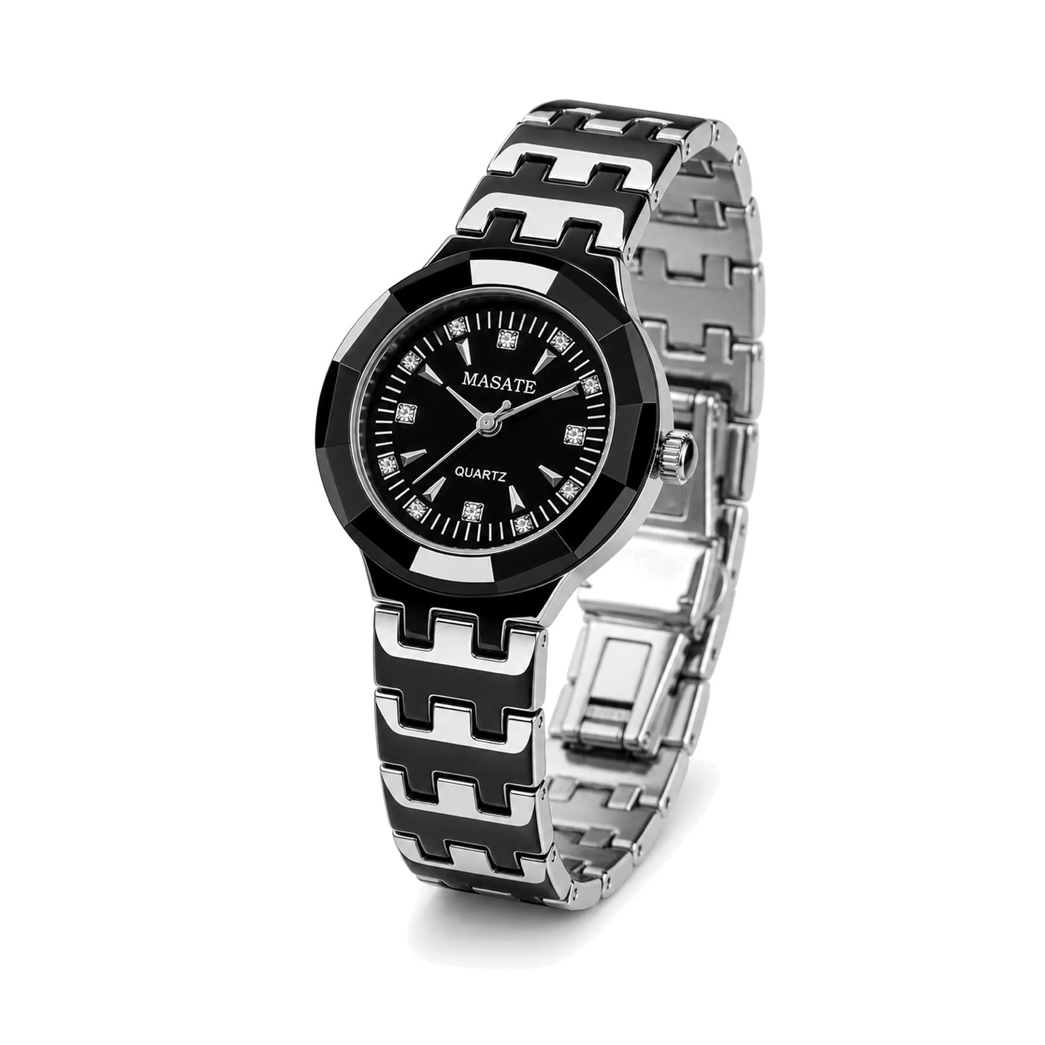 MASATE Women's Quartz Watch with Crystal Markers & Faceted Case – Black