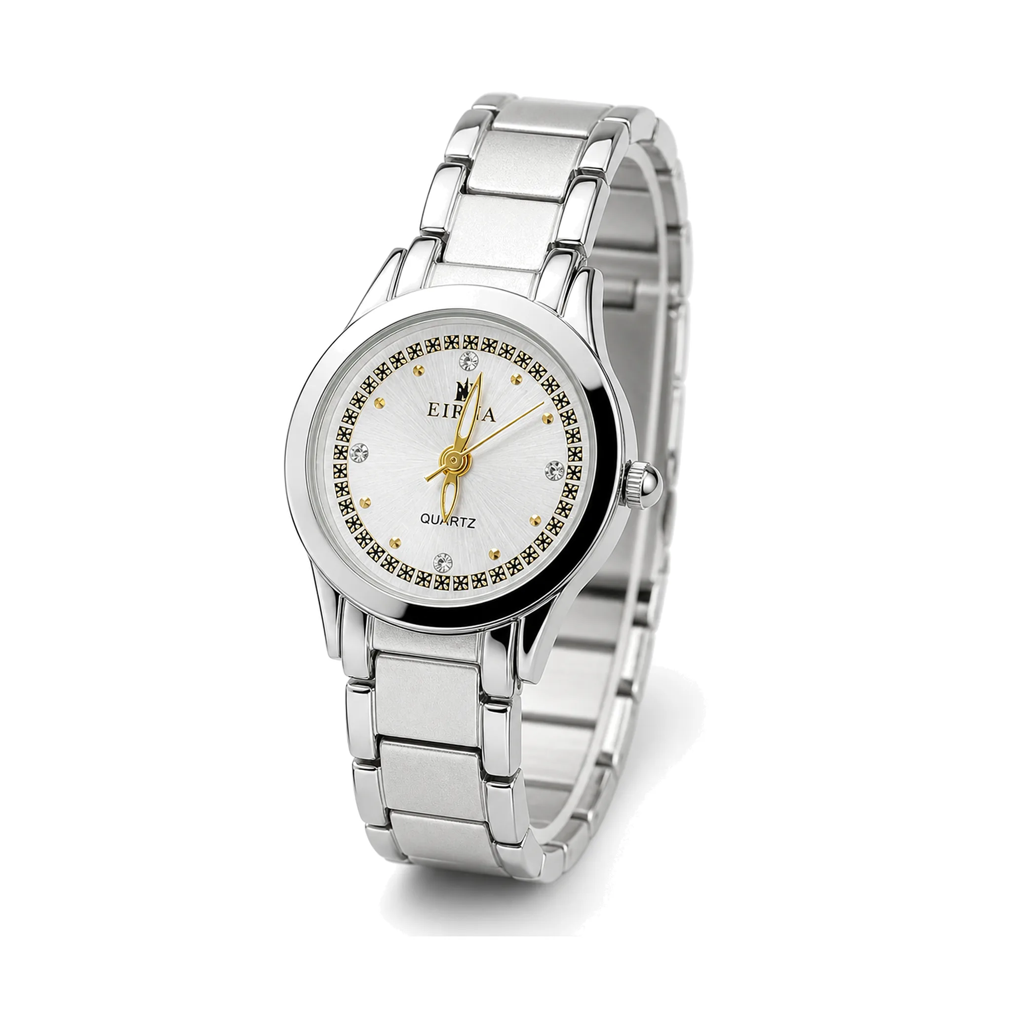 EIRNA Women's Quartz Watch with Crystal Markers & Patterned Dial – Silver