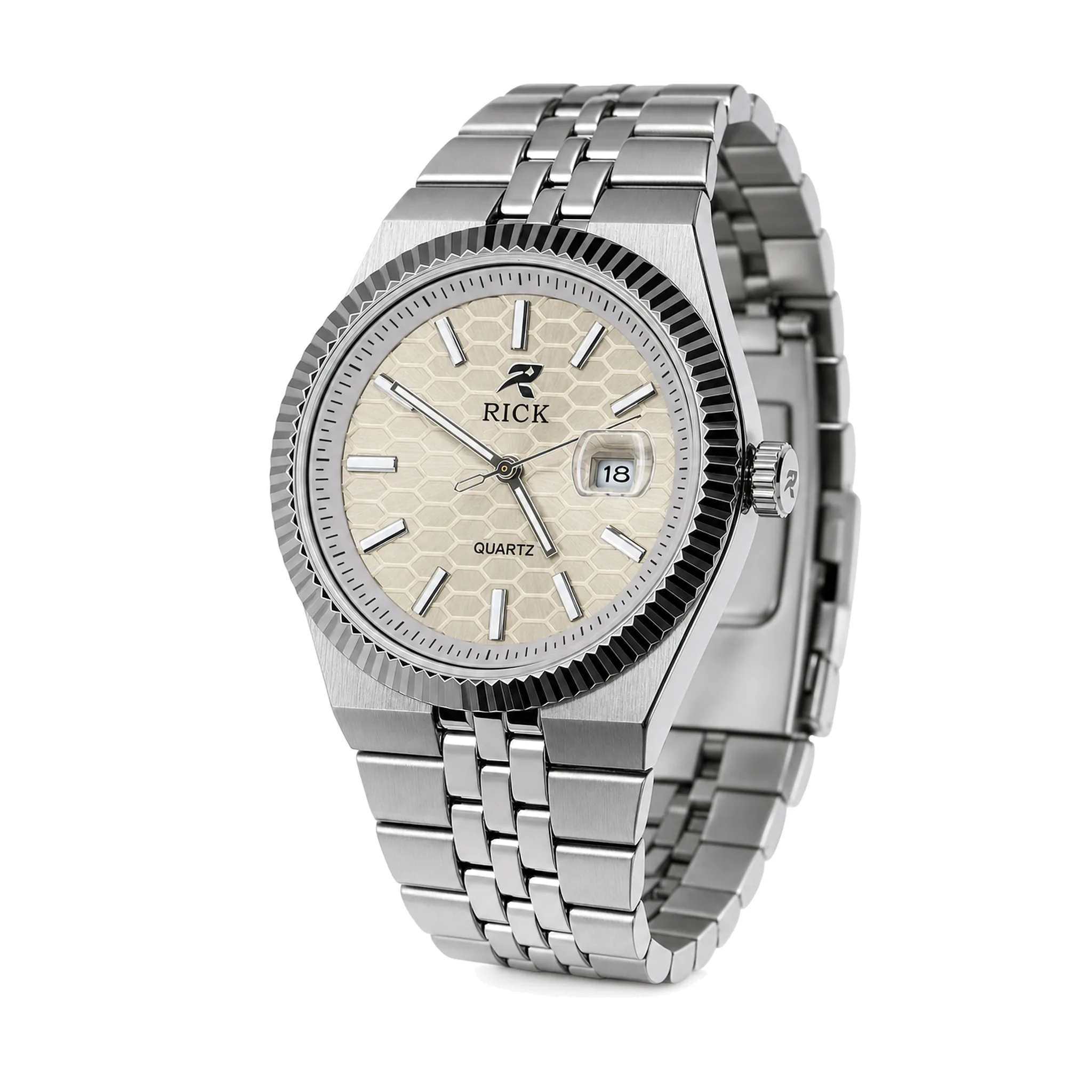RICK Men's Quartz Watch with Honeycomb Dial & Fluted Bezel – Silver