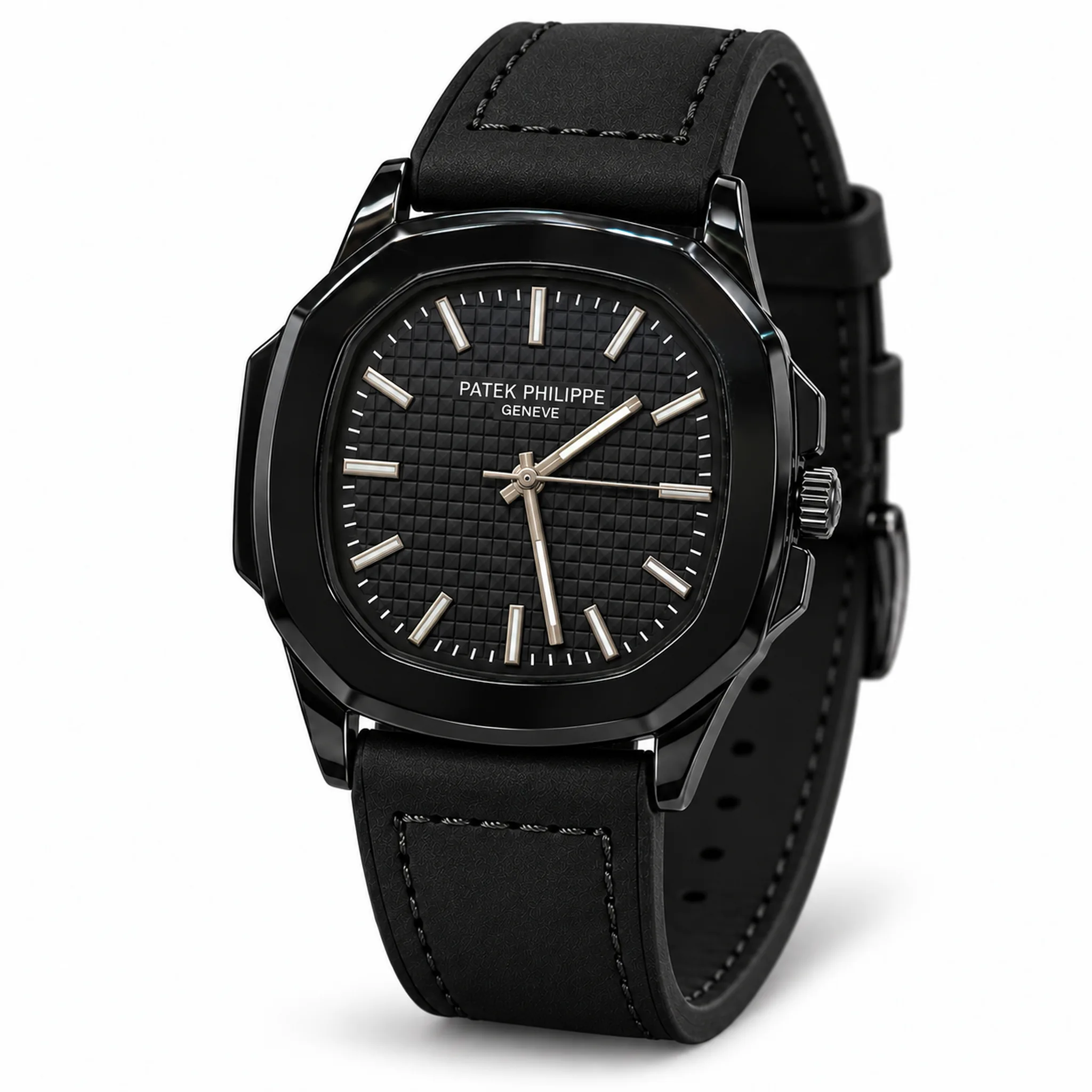Patek Philippe Inspired Men's Watch with Textured Dial & Black Strap – Black