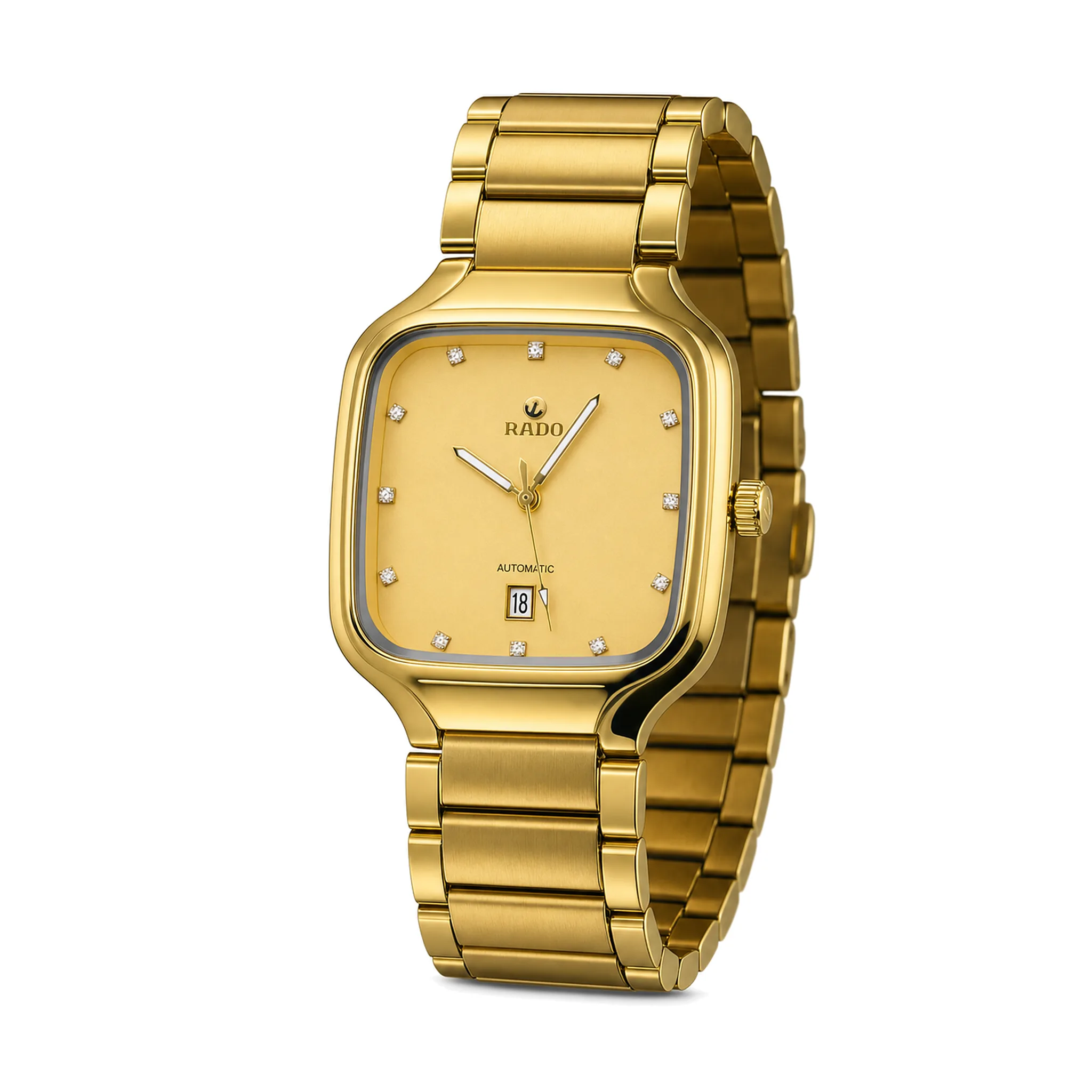 Rado Inspired Men's Automatic Square Watch with Crystal Markers & Date – Gold