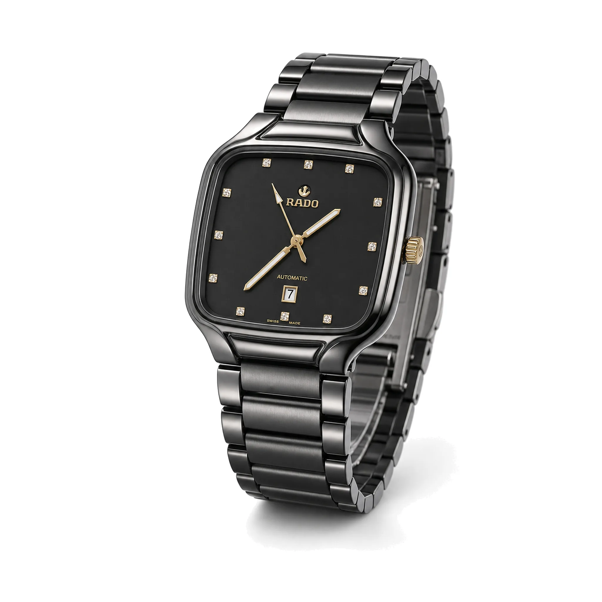 Rado Inspired Men's Automatic Square Watch with Crystal Markers & Date – Black